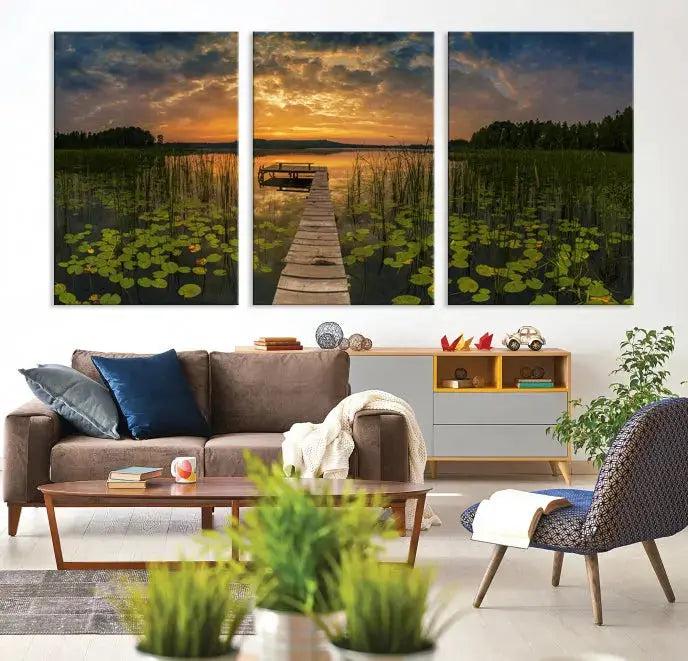 Flowers and Sunset at Lake Wall Art Natural Landscape Canvas Print