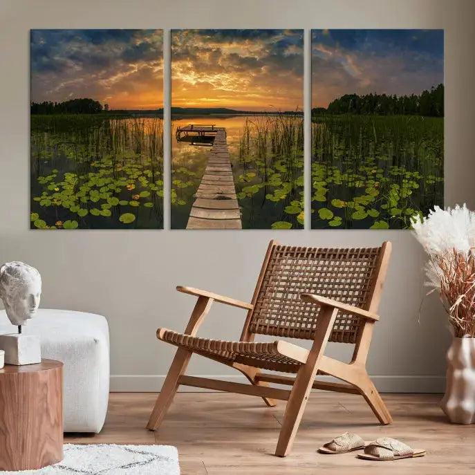 Flowers and Sunset at Lake Wall Art Natural Landscape Canvas Print