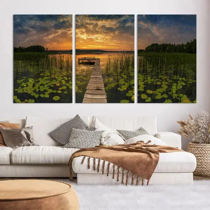 Flowers and Sunset at Lake Wall Art Natural Landscape Canvas Print