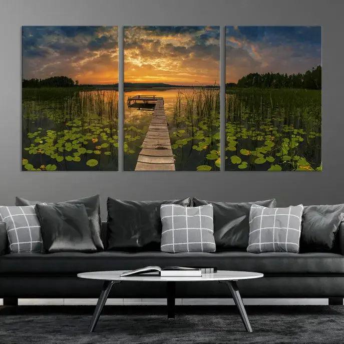 Flowers and Sunset at Lake Wall Art Natural Landscape Canvas Print