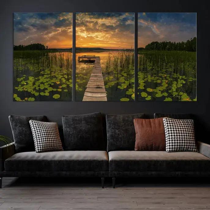 Flowers and Sunset at Lake Wall Art Natural Landscape Canvas Print