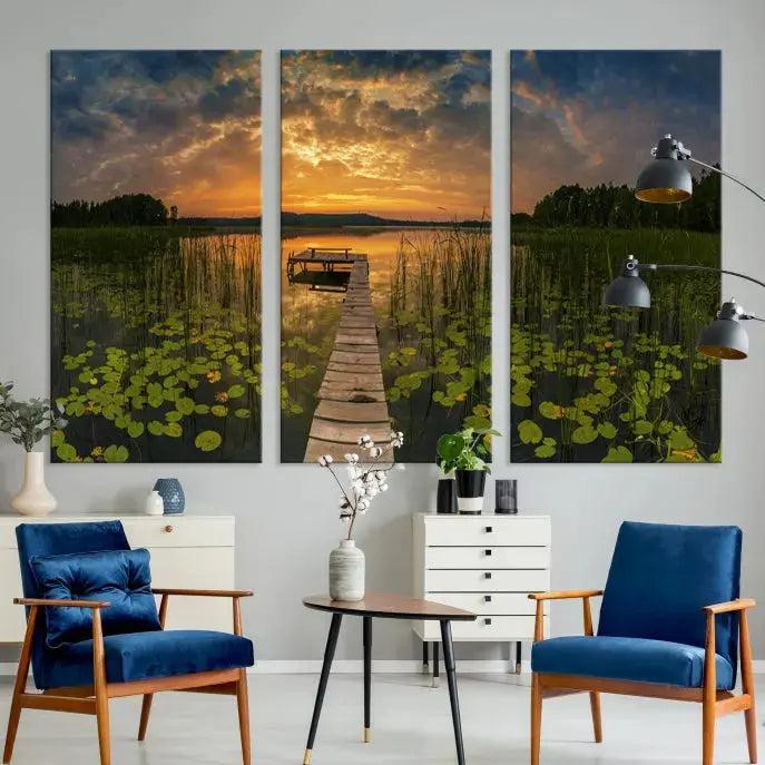 Flowers and Sunset at Lake Wall Art Natural Landscape Canvas Print