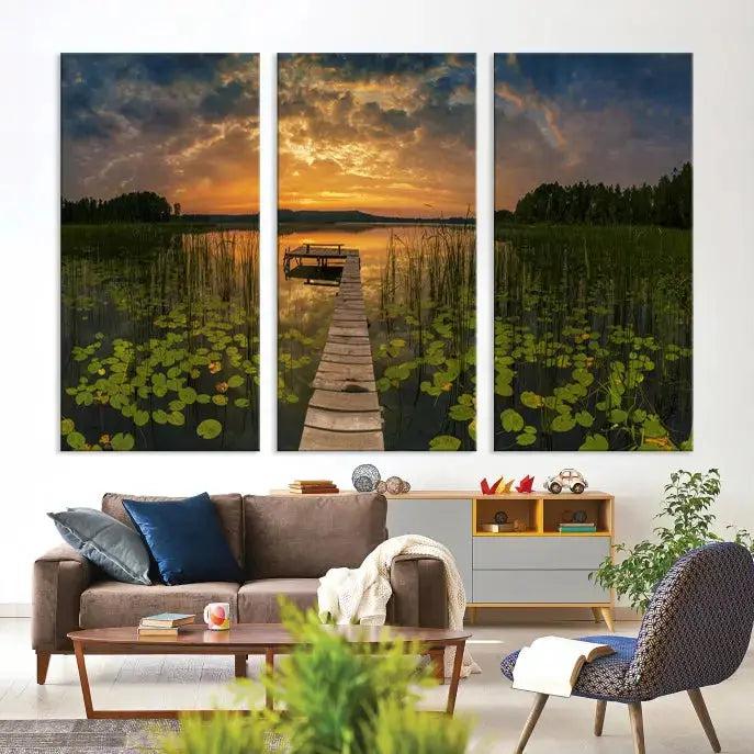 Flowers and Sunset at Lake Wall Art Natural Landscape Canvas Print