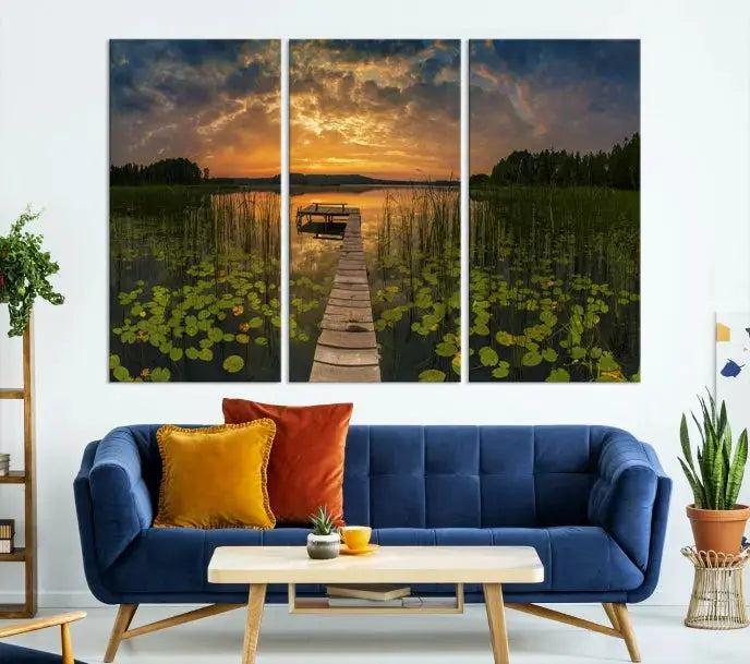 Flowers and Sunset at Lake Wall Art Natural Landscape Canvas Print