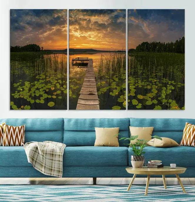 Flowers and Sunset at Lake Wall Art Natural Landscape Canvas Print