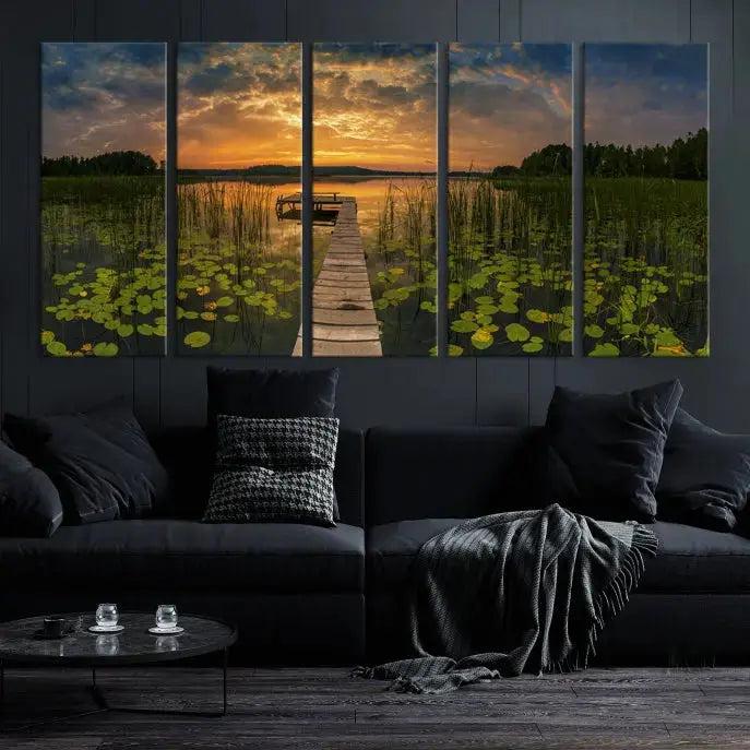 Flowers and Sunset at Lake Wall Art Natural Landscape Canvas Print