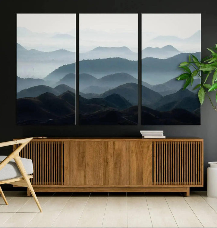 Foggy Mountain Landscape Green Forest Large Wall Art Canvas Print