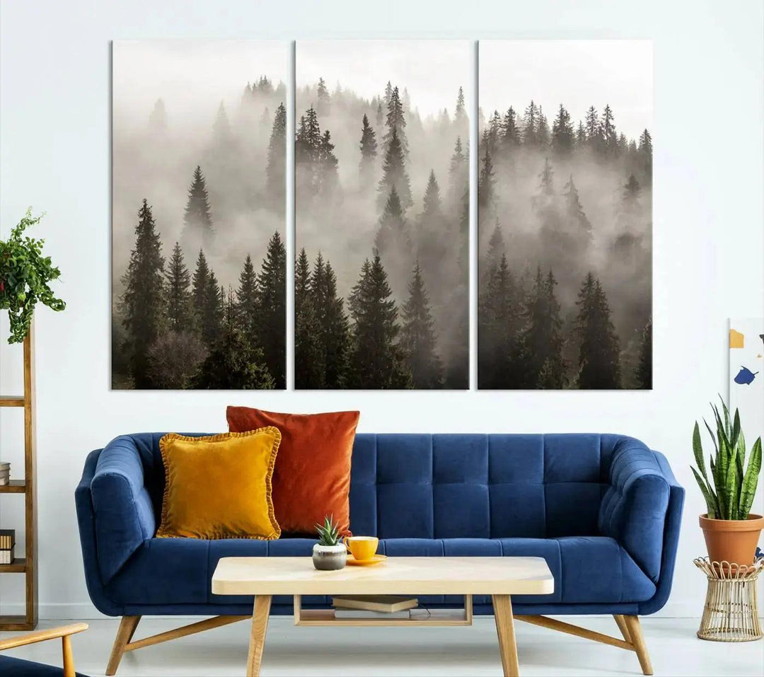 Foggy Pine Forest Nature Landscape Extra Large Canvas Wall Art Giclee Print