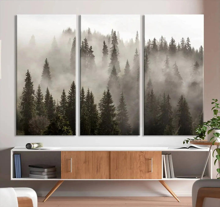 Foggy Pine Forest Nature Landscape Extra Large Canvas Wall Art Giclee Print