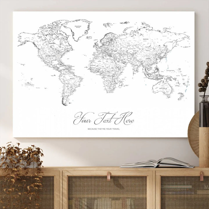 Framed Push Pin Mini World Travel Map Wall Art Print - Countries Labeled - Personalizable Cork Pin Board Canvas Gift