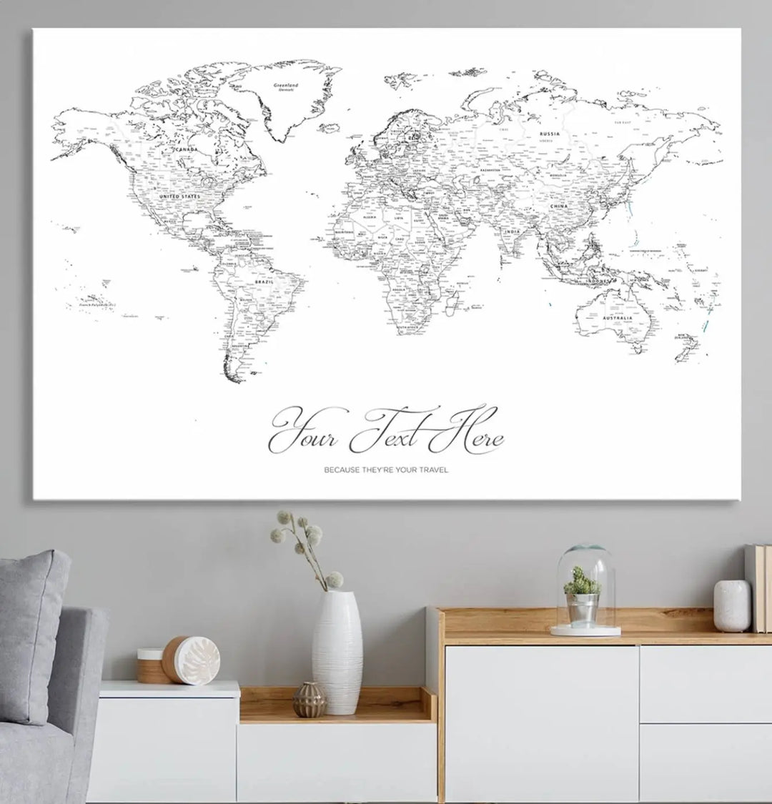 Framed Push Pin Mini World Travel Map Wall Art Print - Countries Labeled - Personalizable Cork Pin Board Canvas Gift