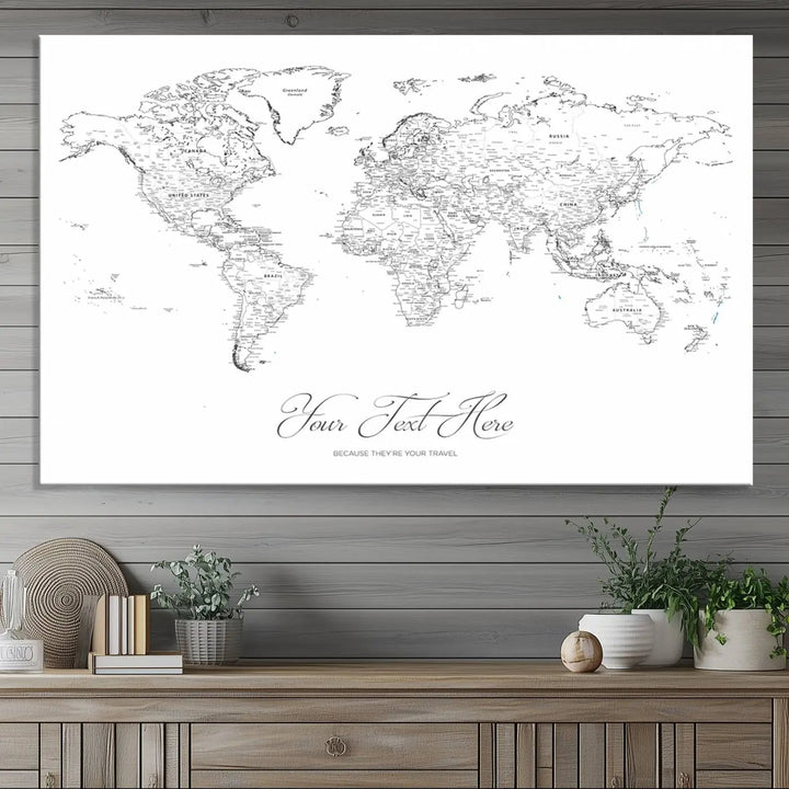 Framed Push Pin Mini World Travel Map Wall Art Print - Countries Labeled - Personalizable Cork Pin Board Canvas Gift