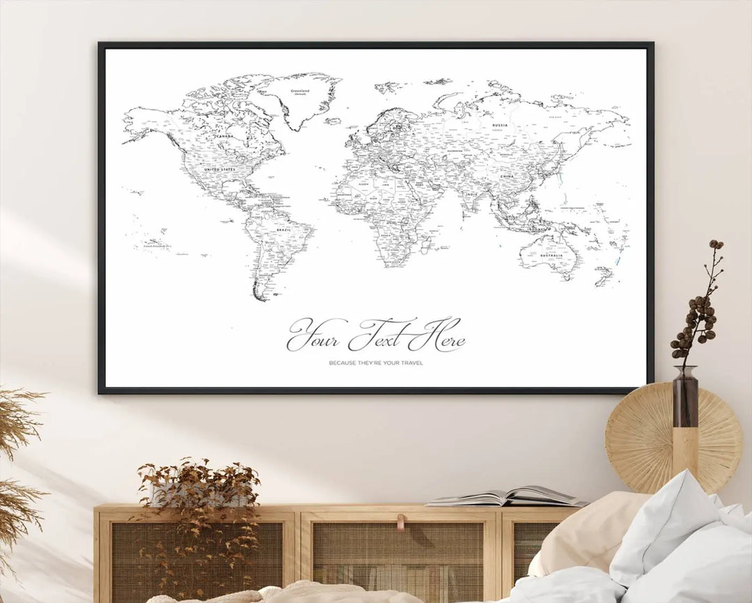 Framed Push Pin Mini World Travel Map Wall Art Print - Countries Labeled - Personalizable Cork Pin Board Canvas Gift