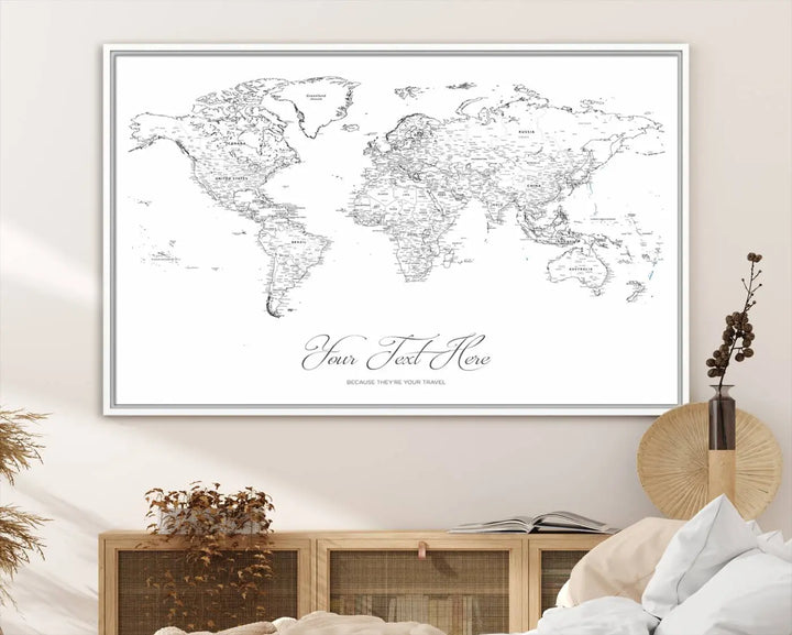 Framed Push Pin Mini World Travel Map Wall Art Print - Countries Labeled - Personalizable Cork Pin Board Canvas Gift