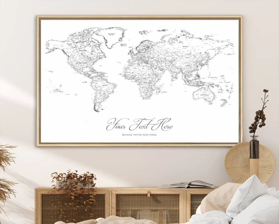 Framed Push Pin Mini World Travel Map Wall Art Print - Countries Labeled - Personalizable Cork Pin Board Canvas Gift