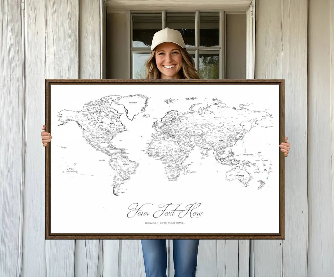 Framed Push Pin Mini World Travel Map Wall Art Print - Countries Labeled - Personalizable Cork Pin Board Canvas Gift