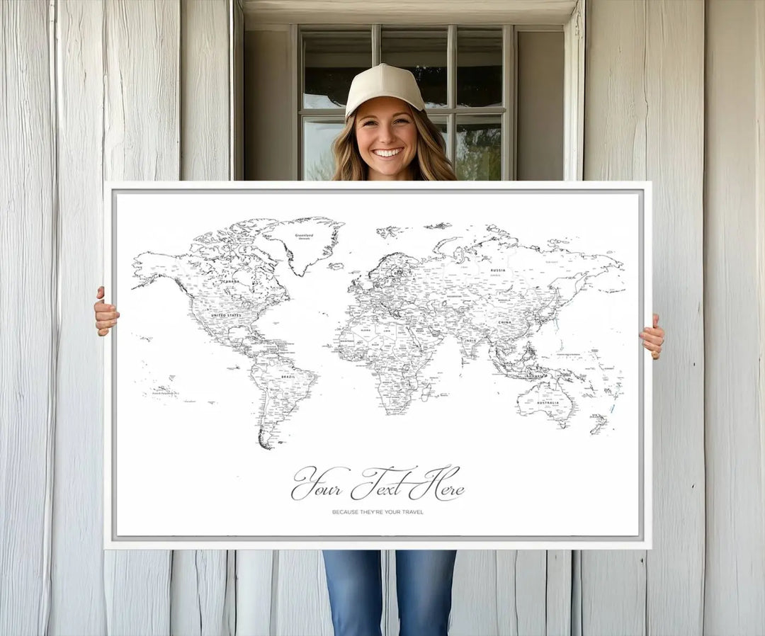 Framed Push Pin Mini World Travel Map Wall Art Print - Countries Labeled - Personalizable Cork Pin Board Canvas Gift