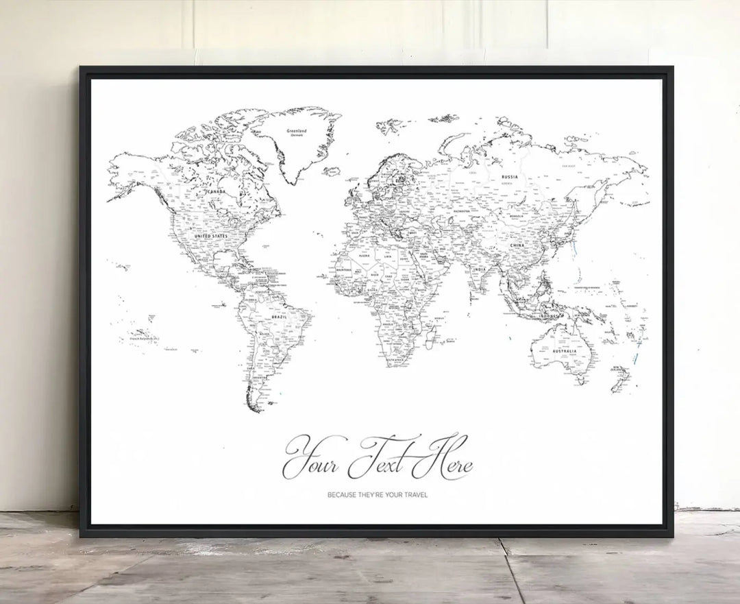 Framed Push Pin Mini World Travel Map Wall Art Print - Countries Labeled - Personalizable Cork Pin Board Canvas Gift