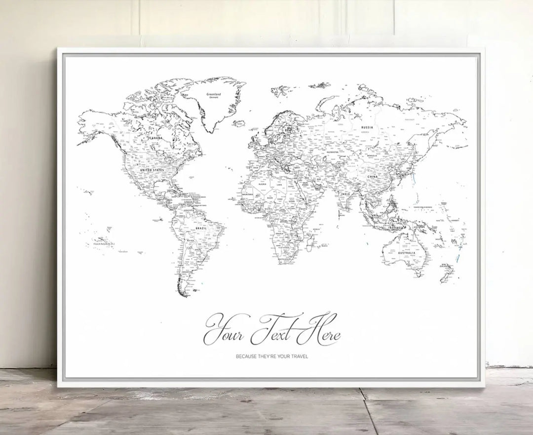 Framed Push Pin Mini World Travel Map Wall Art Print - Countries Labeled - Personalizable Cork Pin Board Canvas Gift