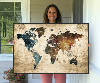 55201-MGV-CV-36X24-Framed Travel Wall Art Print - Grunge World Map Travel Canvas for Study, Office, or Living Room