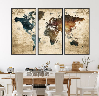 55201-MGV-CV-36X24-Framed Travel Wall Art Print - Grunge World Map Travel Canvas for Study, Office, or Living Room