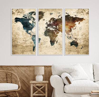 55201-MGV-CV-36X24-Framed Travel Wall Art Print - Grunge World Map Travel Canvas for Study, Office, or Living Room