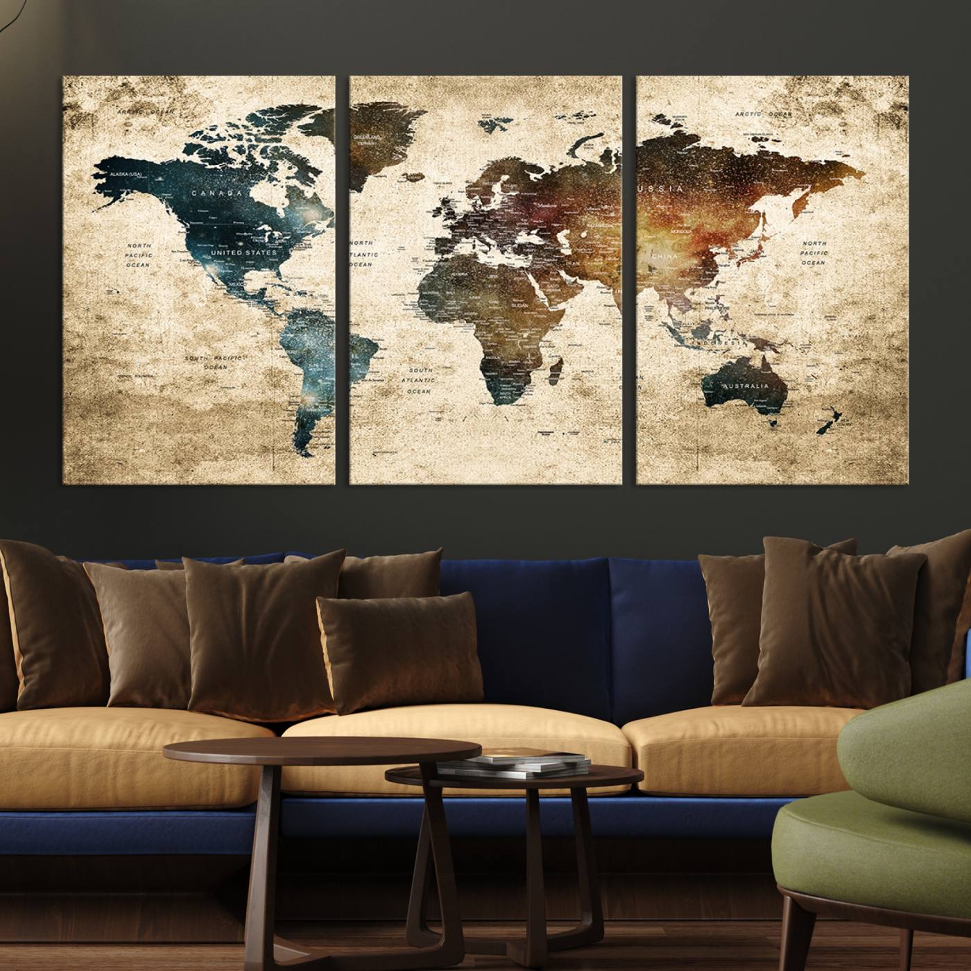 55201-MGV-CV-36X24-Framed Travel Wall Art Print - Grunge World Map Travel Canvas for Study, Office, or Living Room