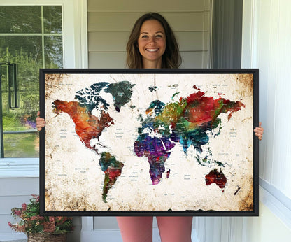 38650-MGV-CV-36X24-Framed World Map Wall Art - Elegant World Map Canvas Print for Sophisticated Home and Office