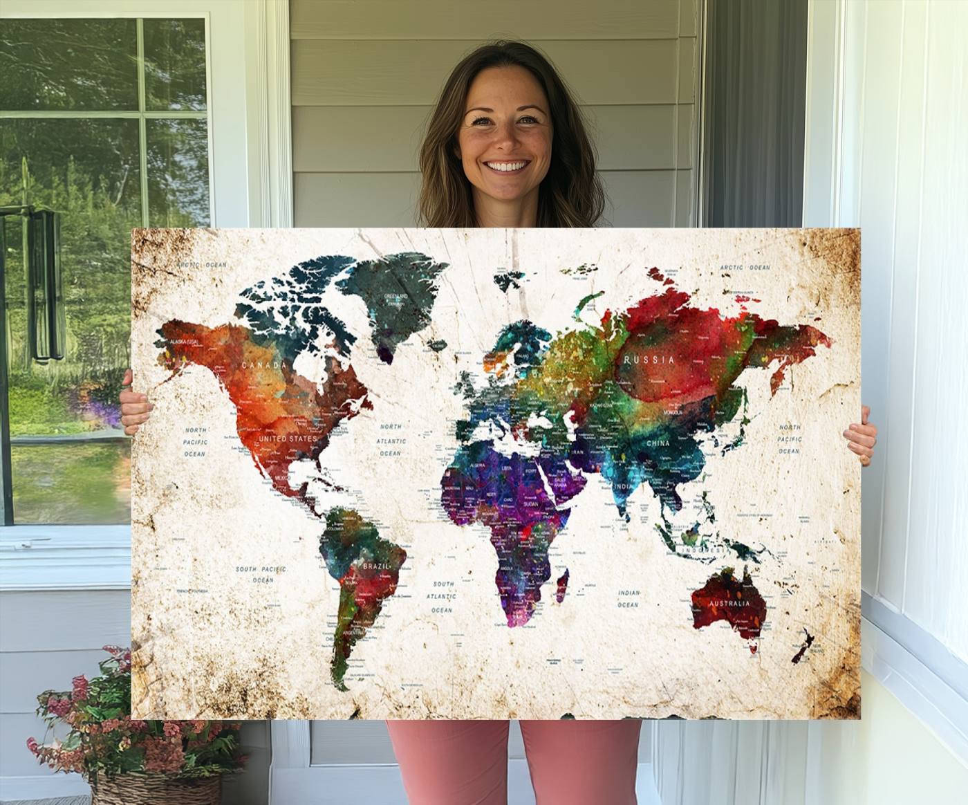 38650-MGV-CV-36X24-Framed World Map Wall Art - Elegant World Map Canvas Print for Sophisticated Home and Office