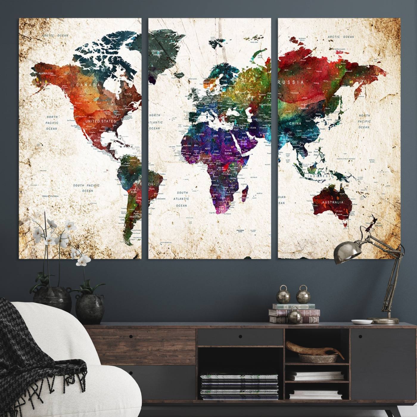 38650-MGV-CV-48X32-3P-Framed World Map Wall Art - Elegant World Map Canvas Print for Sophisticated Home and Office