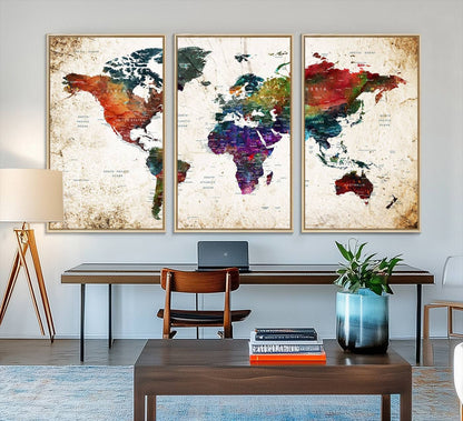 38650-MGV-FC-48X32-3P_Natural-Framed World Map Wall Art - Elegant World Map Canvas Print for Sophisticated Home and Office