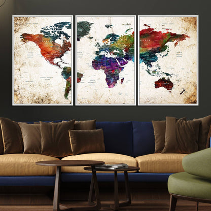 38650-MGV-FC-60X30-3P_White-Framed World Map Wall Art - Elegant World Map Canvas Print for Sophisticated Home and Office