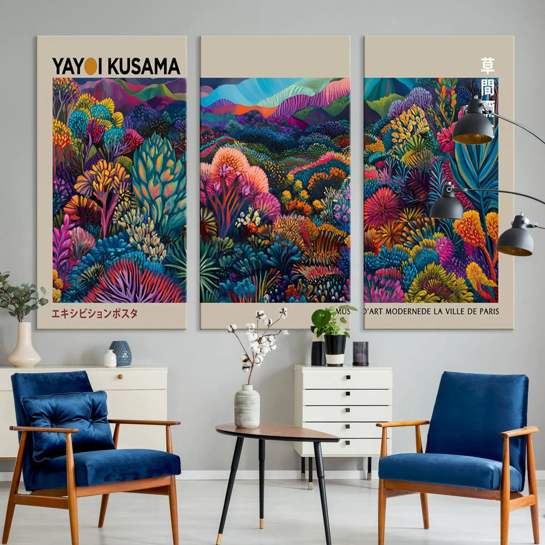 Framed Yayoi Kusama 1986 Wall Art Print – Japanese Wall Art Print, Wabi Sabi Yayoi Kusama Print - Vibrant Abstract Landscape Canvas Print