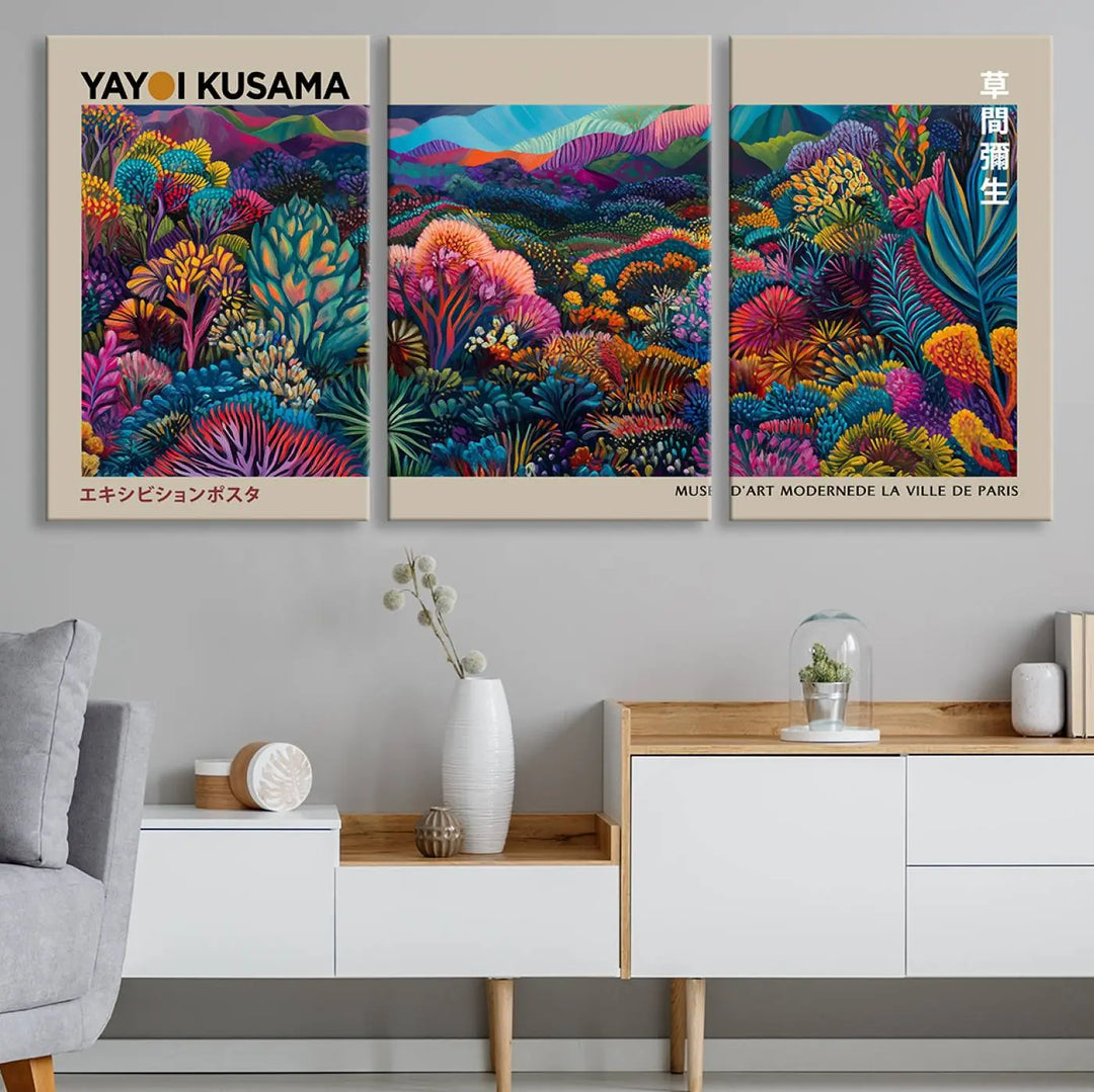 Framed Yayoi Kusama 1986 Wall Art Print – Japanese Wall Art Print, Wabi Sabi Yayoi Kusama Print - Vibrant Abstract Landscape Canvas Print