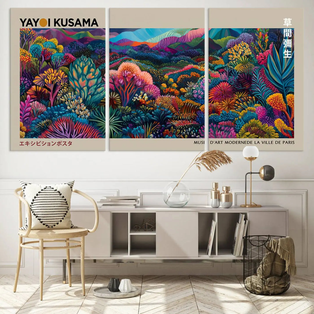 Framed Yayoi Kusama 1986 Wall Art Print – Japanese Wall Art Print, Wabi Sabi Yayoi Kusama Print - Vibrant Abstract Landscape Canvas Print