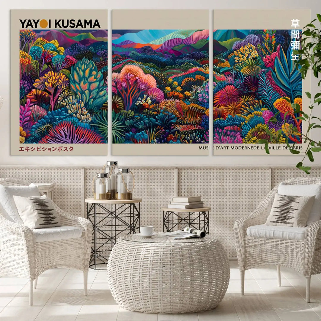 Framed Yayoi Kusama 1986 Wall Art Print – Japanese Wall Art Print, Wabi Sabi Yayoi Kusama Print - Vibrant Abstract Landscape Canvas Print