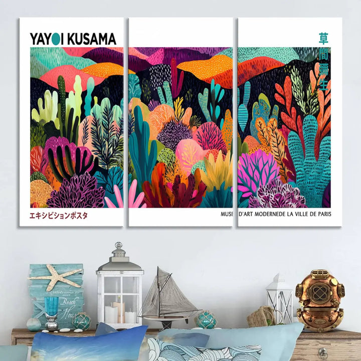 Framed Yayoi Kusama 1986 Wall Art Print – Japanese Wall Art Print, Wabi Sabi Yayoi Kusama Print - Vibrant Abstract Landscape Canvas Print