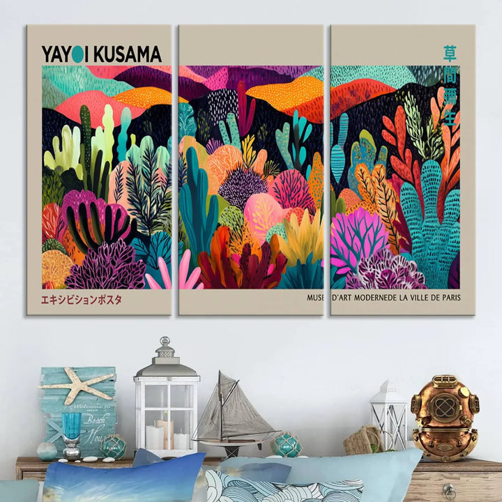 Framed Yayoi Kusama 1986 Wall Art Print – Japanese Wall Art Print, Wabi Sabi Yayoi Kusama Print - Vibrant Abstract Landscape Canvas Print