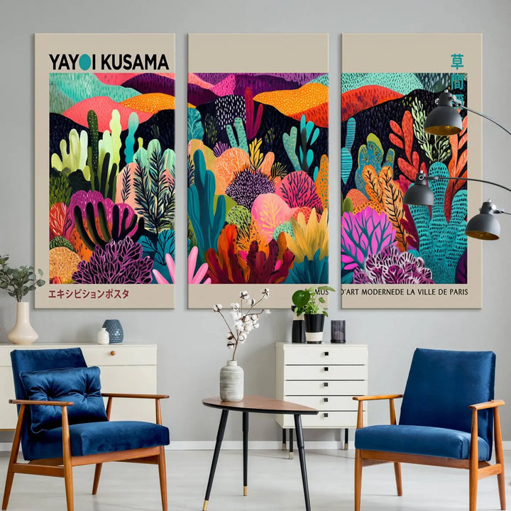 Framed Yayoi Kusama 1986 Wall Art Print – Japanese Wall Art Print, Wabi Sabi Yayoi Kusama Print - Vibrant Abstract Landscape Canvas Print