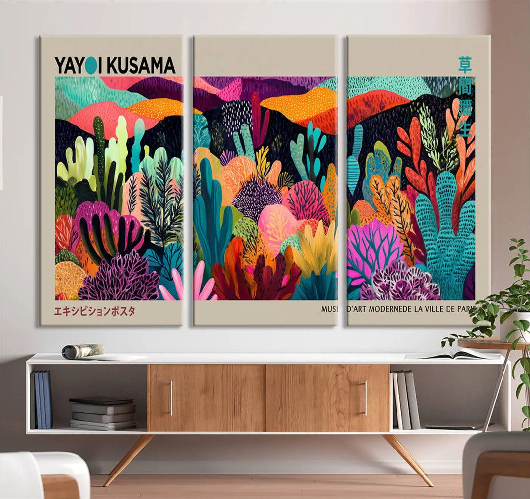 Framed Yayoi Kusama 1986 Wall Art Print – Japanese Wall Art Print, Wabi Sabi Yayoi Kusama Print - Vibrant Abstract Landscape Canvas Print