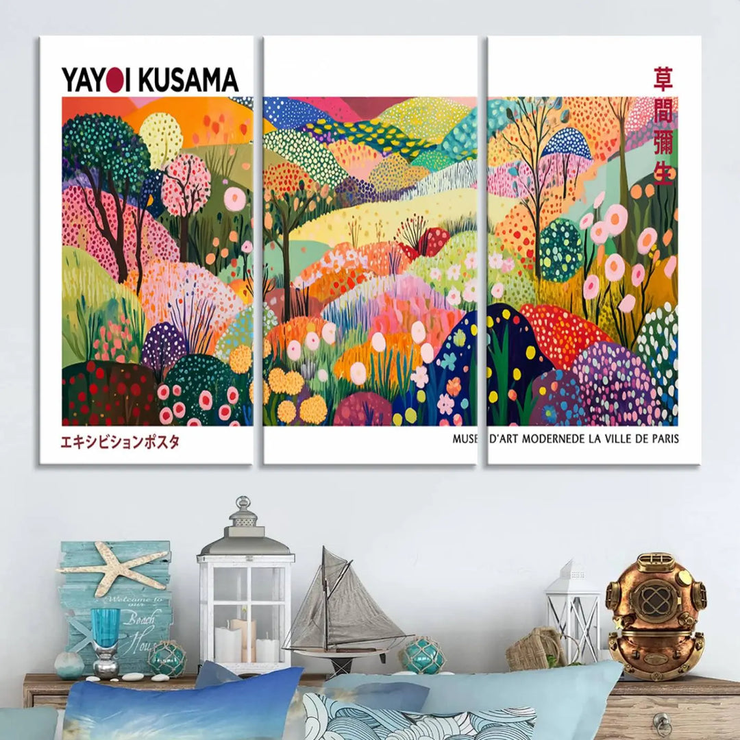 Framed Yayoi Kusama 1986 Wall Art Print – Japanese Wall Art Print, Wabi Sabi Yayoi Kusama Print - Vibrant Abstract Landscape Canvas Print