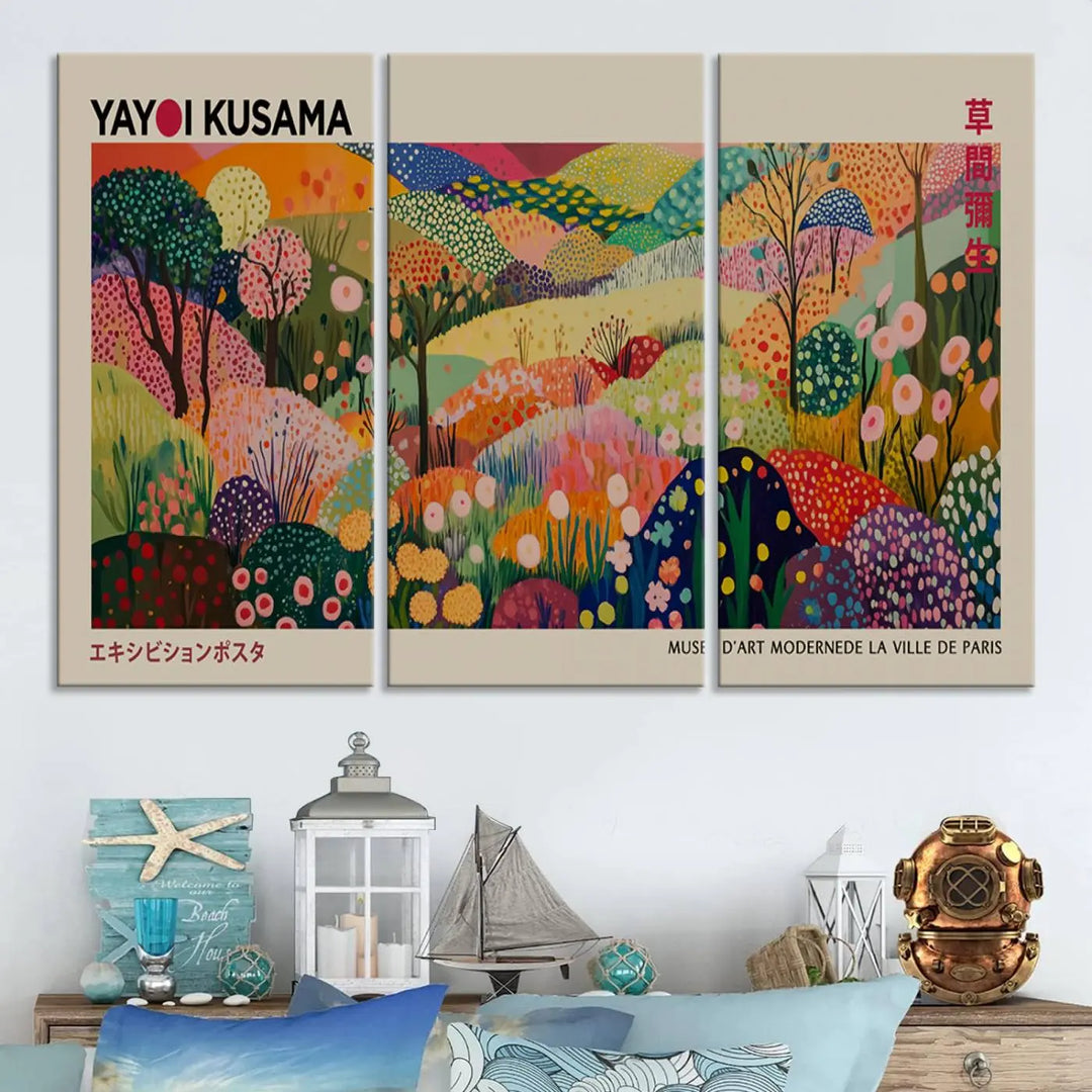 Framed Yayoi Kusama 1986 Wall Art Print – Japanese Wall Art Print, Wabi Sabi Yayoi Kusama Print - Vibrant Abstract Landscape Canvas Print