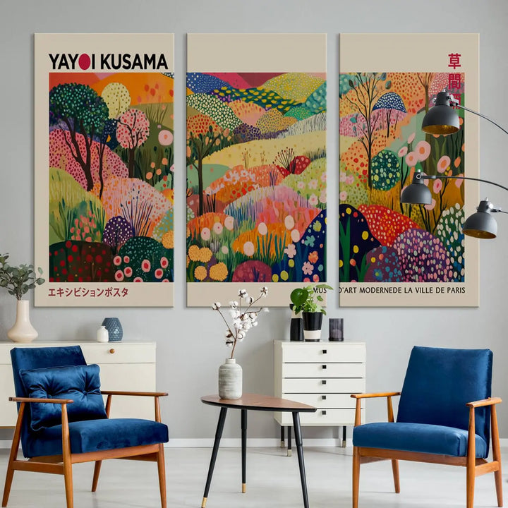 Framed Yayoi Kusama 1986 Wall Art Print – Japanese Wall Art Print, Wabi Sabi Yayoi Kusama Print - Vibrant Abstract Landscape Canvas Print