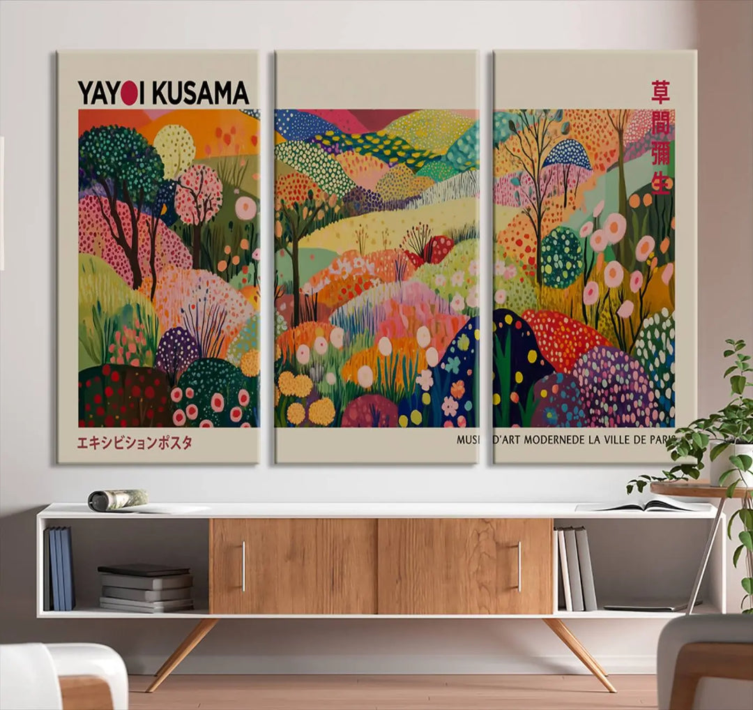 Framed Yayoi Kusama 1986 Wall Art Print – Japanese Wall Art Print, Wabi Sabi Yayoi Kusama Print - Vibrant Abstract Landscape Canvas Print