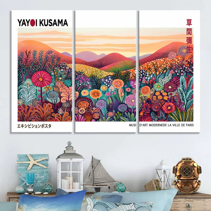 Framed Yayoi Kusama 1986 Wall Art Print – Japanese Wall Art Print, Wabi Sabi Yayoi Kusama Print - Vibrant Abstract Landscape Canvas Print