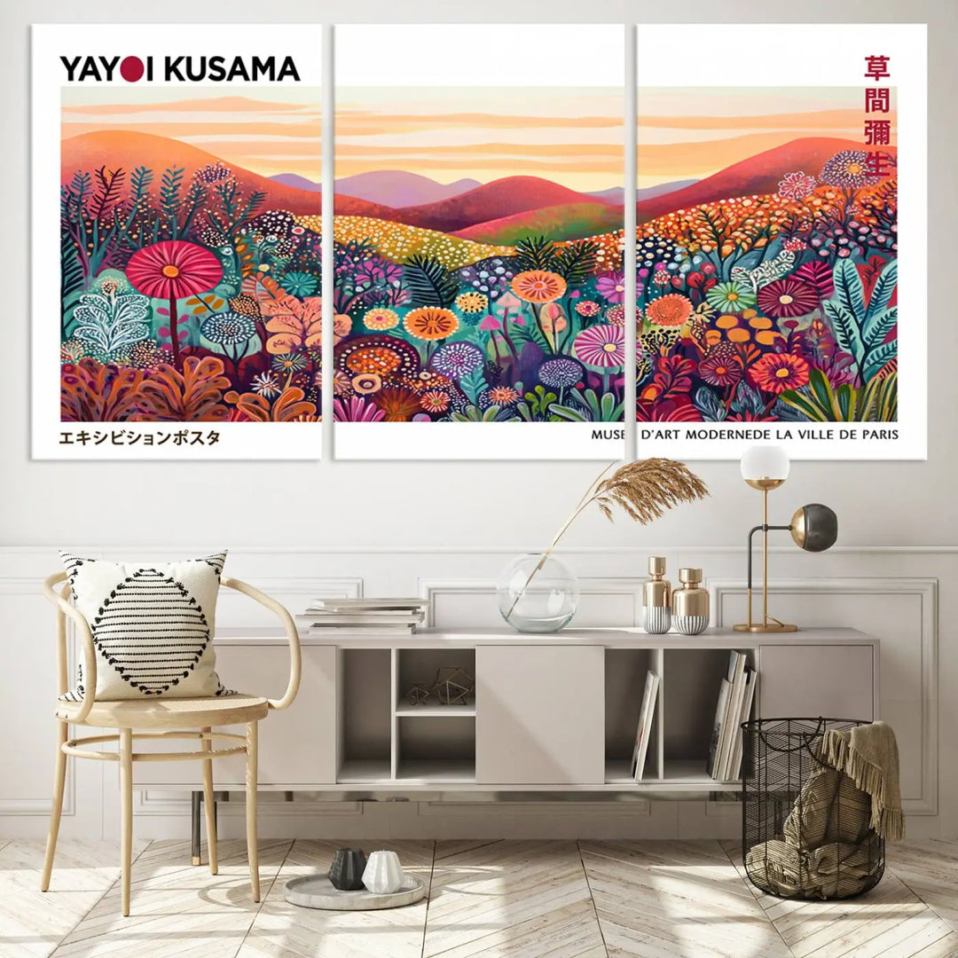 Framed Yayoi Kusama 1986 Wall Art Print – Japanese Wall Art Print, Wabi Sabi Yayoi Kusama Print - Vibrant Abstract Landscape Canvas Print