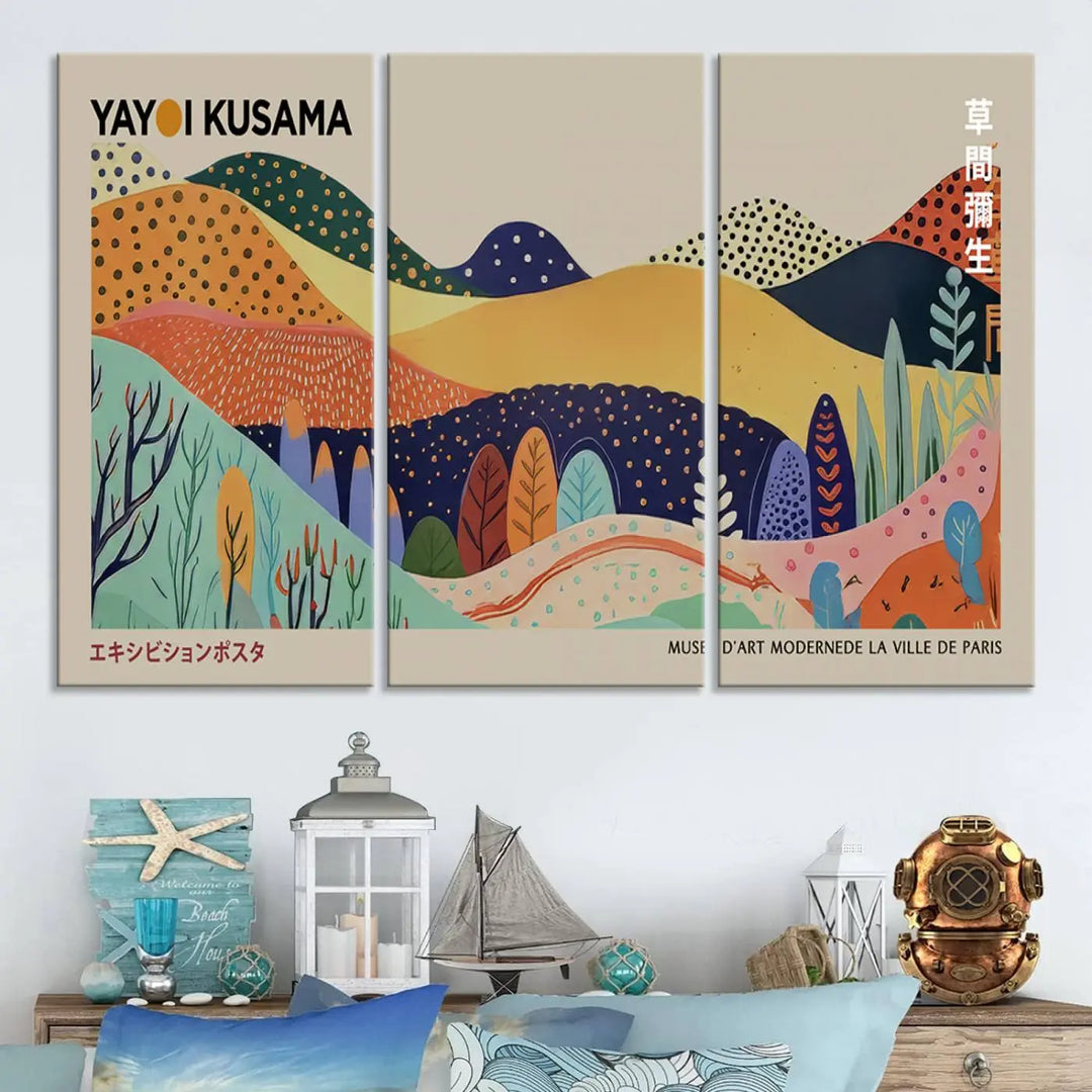 Framed Yayoi Kusama 1986 Wall Art Print – Japanese Wall Art Print, Wabi Sabi Yayoi Kusama Print - Vibrant Abstract Landscape Canvas Print