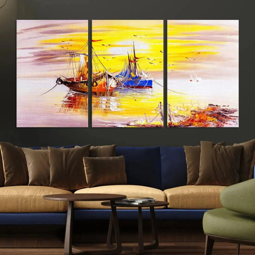 Glamorous Sunset and Boats Oil Painting Large Wall Art Canvas Print