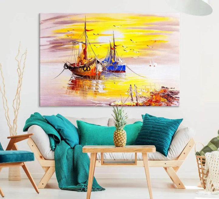 Glamorous Sunset and Boats Oil Painting Large Wall Art Canvas Print