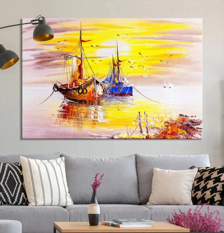 Glamorous Sunset and Boats Oil Painting Large Wall Art Canvas Print